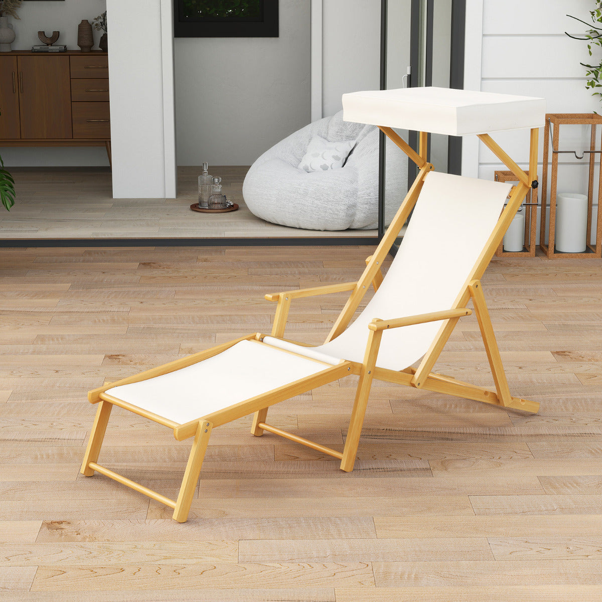 Silla Reclinable de Madera Abedul Sillón de Playa Plegable con Sombrilla Ajustable Respaldo Reclinable Silla de Camping para Patio Piscina