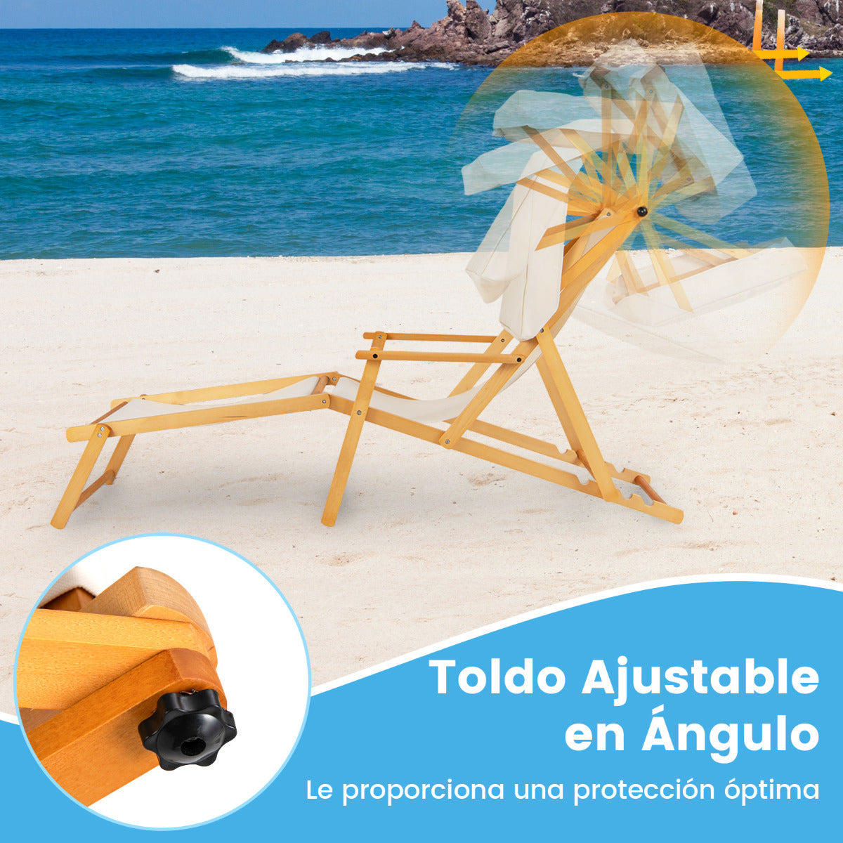 Silla Reclinable de Madera Abedul Sillón de Playa Plegable con Sombrilla Ajustable Respaldo Reclinable Silla de Camping para Patio Piscina