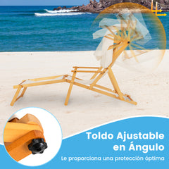 Silla Reclinable de Madera Abedul Sillón de Playa Plegable con Sombrilla Ajustable Respaldo Reclinable Silla de Camping para Patio Piscina