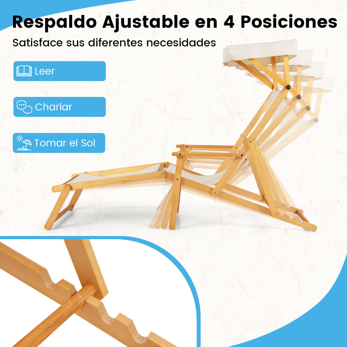 Silla Reclinable de Madera Abedul Sillón de Playa Plegable con Sombrilla Ajustable Respaldo Reclinable Silla de Camping para Patio Piscina