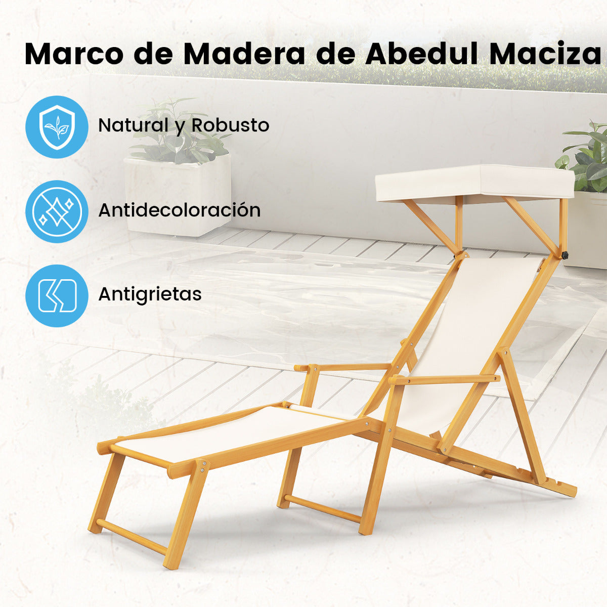 Silla Reclinable de Madera Abedul Sillón de Playa Plegable con Sombrilla Ajustable Respaldo Reclinable Silla de Camping para Patio Piscina