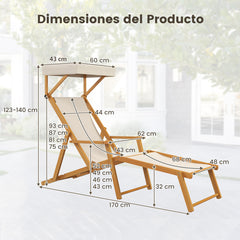 Silla Reclinable de Madera Abedul Sillón de Playa Plegable con Sombrilla Ajustable Respaldo Reclinable Silla de Camping para Patio Piscina