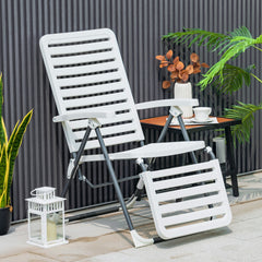 Silla Reclinable Plegable de Tumbona para Patio de PP con Respaldo de 7 Posiciones y Reposapiés Cómodo Blanca