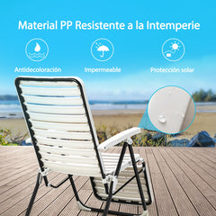Juego de 2 Sillas Reclinables Plegables de Tumbona para Patio de PP con Respaldo de 7 Posiciones y Reposapiés Cómodo para Jardín Blanco