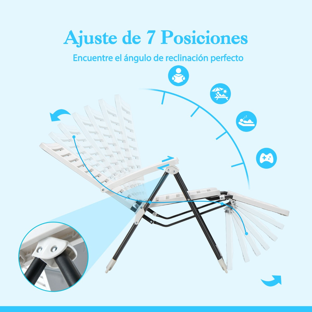 Silla Reclinable Plegable de Tumbona para Patio de PP con Respaldo de 7 Posiciones y Reposapiés Cómodo Blanca