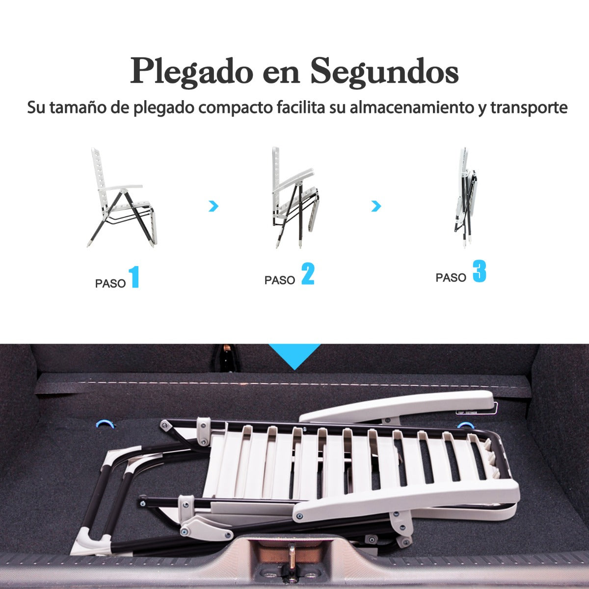 Silla Reclinable Plegable de Tumbona para Patio de PP con Respaldo de 7 Posiciones y Reposapiés Cómodo Blanca