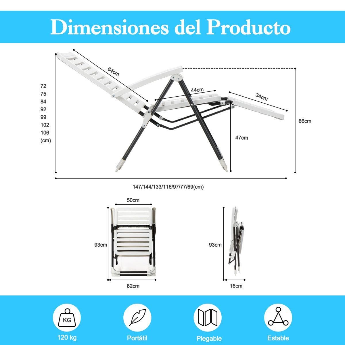 Silla Reclinable Plegable de Tumbona para Patio de PP con Respaldo de 7 Posiciones y Reposapiés Cómodo Blanca