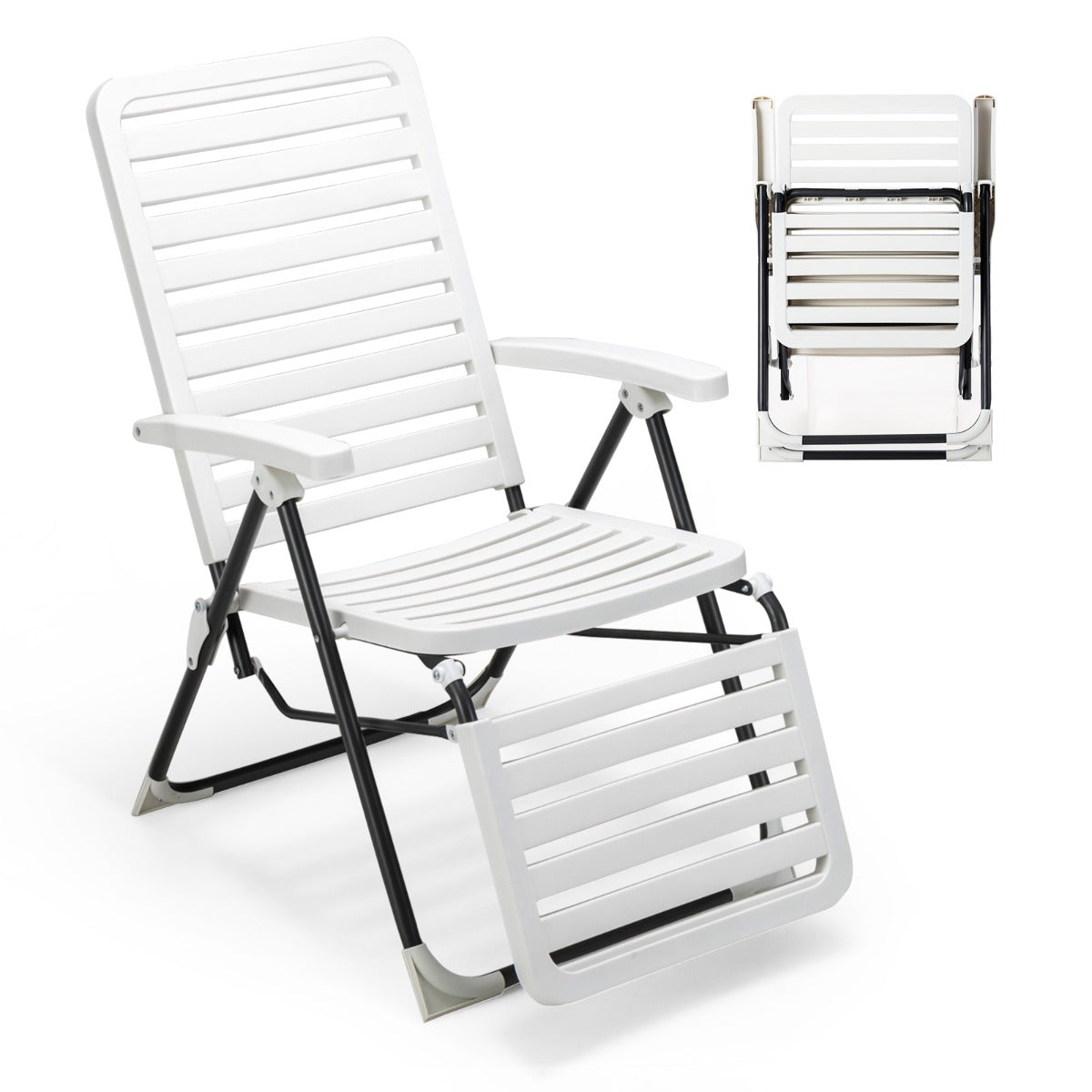 Silla Reclinable Plegable de Tumbona para Patio de PP con Respaldo de 7 Posiciones y Reposapiés Cómodo Blanca