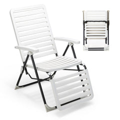 Silla Reclinable Plegable de Tumbona para Patio de PP con Respaldo de 7 Posiciones y Reposapiés Cómodo Blanca