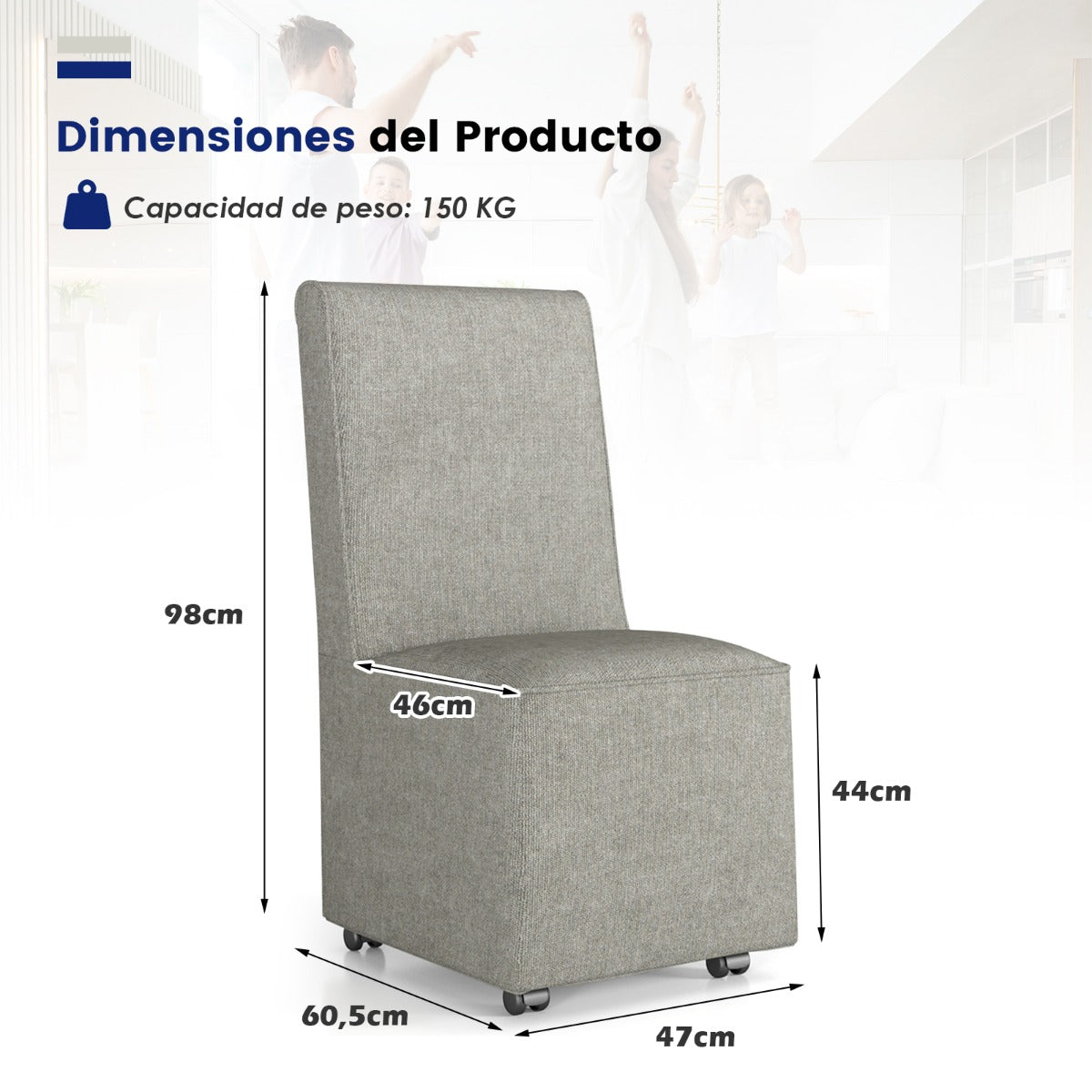 Silla Tapizada de Tela de Lino con Ruedas Resistentes Cubierta Removible Cómoda Silla de Ocio 47 x 60,5 x 98 cm Gris