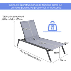 Silla Tumbona Ajustable de Exterior Reclinable de 6 Posiciones para Patio con Posición Plana Acostada y Tejido de Secado Rápido para Piscina