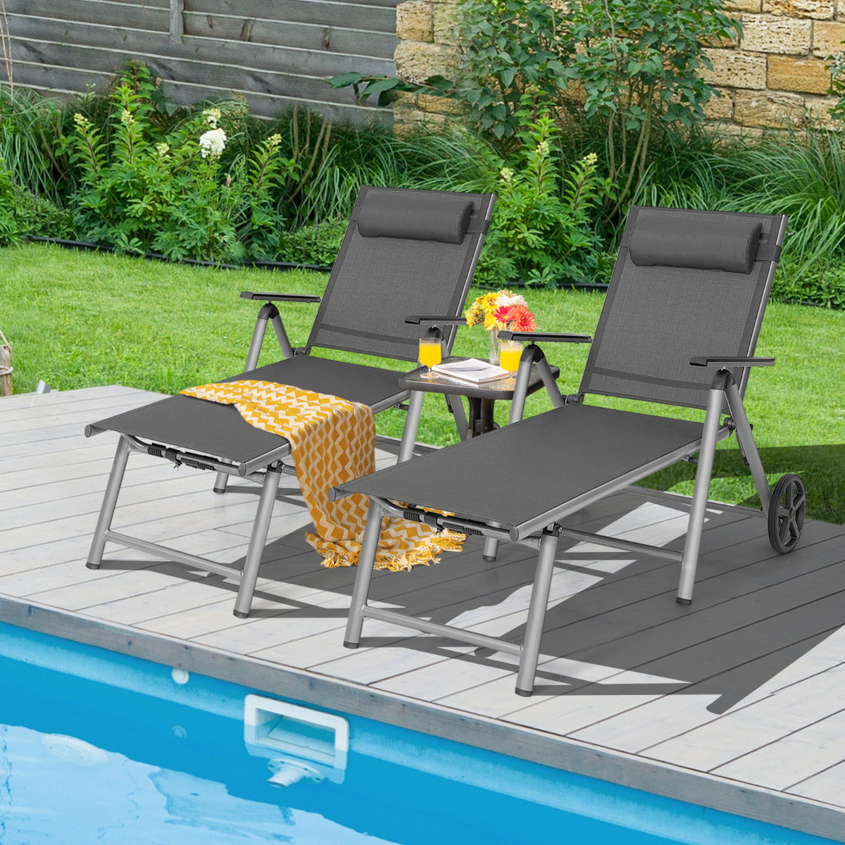 Silla Tumbona Exterior de Aluminio con Ruedas Plegable con Respaldo Ajustable en 7 Posiciones Tejido de Secado Rápido Negro