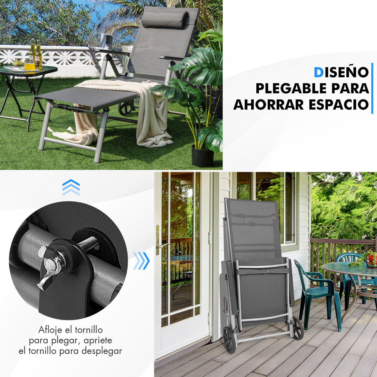 Silla Tumbona Exterior de Aluminio con Ruedas Plegable con Respaldo Ajustable en 7 Posiciones Tejido de Secado Rápido Negro
