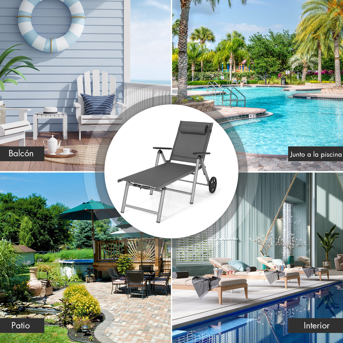 Silla Tumbona Exterior de Aluminio con Ruedas Plegable con Respaldo Ajustable en 7 Posiciones Tejido de Secado Rápido Negro