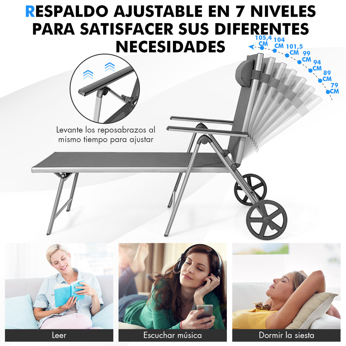 Silla Tumbona Exterior de Aluminio con Ruedas Plegable con Respaldo Ajustable en 7 Posiciones Tejido de Secado Rápido Negro