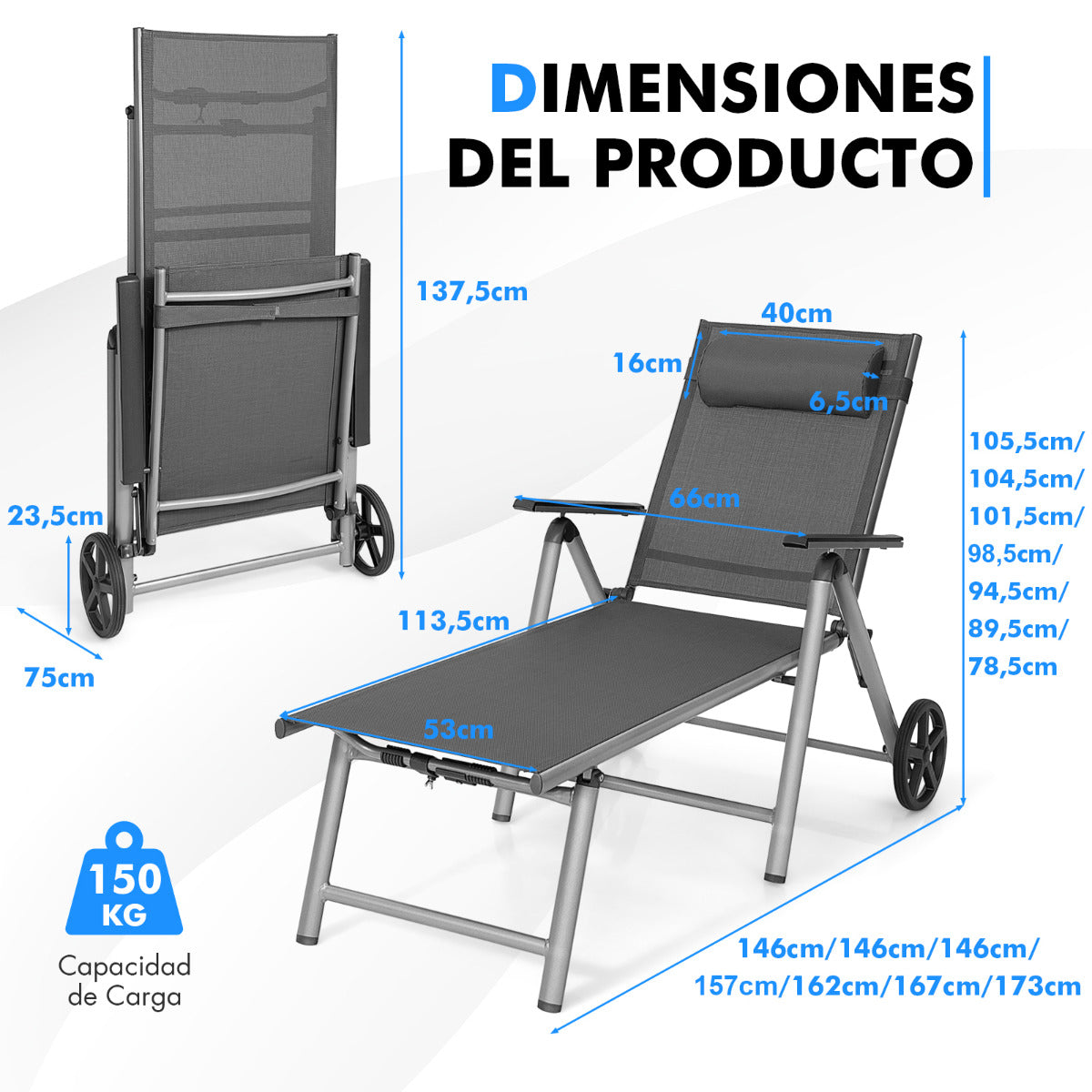 Silla Tumbona Exterior de Aluminio con Ruedas Plegable con Respaldo Ajustable en 7 Posiciones Tejido de Secado Rápido Negro