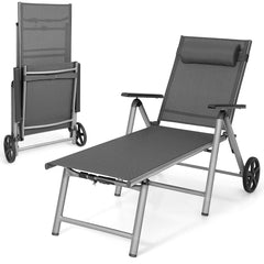 Silla Tumbona Exterior de Aluminio con Ruedas Plegable con Respaldo Ajustable en 7 Posiciones Tejido de Secado Rápido Negro