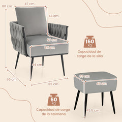 Juego de Sillón Otomana Individual con Respaldo Brazos Tejidos Reposapiés de Metal y Almohadillas Ajustables para Dormitorio Salón Gris
