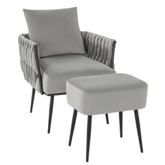 Juego de Sillón Otomana Individual con Respaldo Brazos Tejidos Reposapiés de Metal y Almohadillas Ajustables para Dormitorio Salón Gris