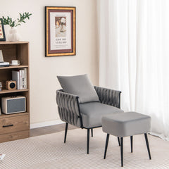 Juego de Sillón Otomana Individual con Respaldo Brazos Tejidos Reposapiés de Metal y Almohadillas Ajustables para Dormitorio Salón Gris