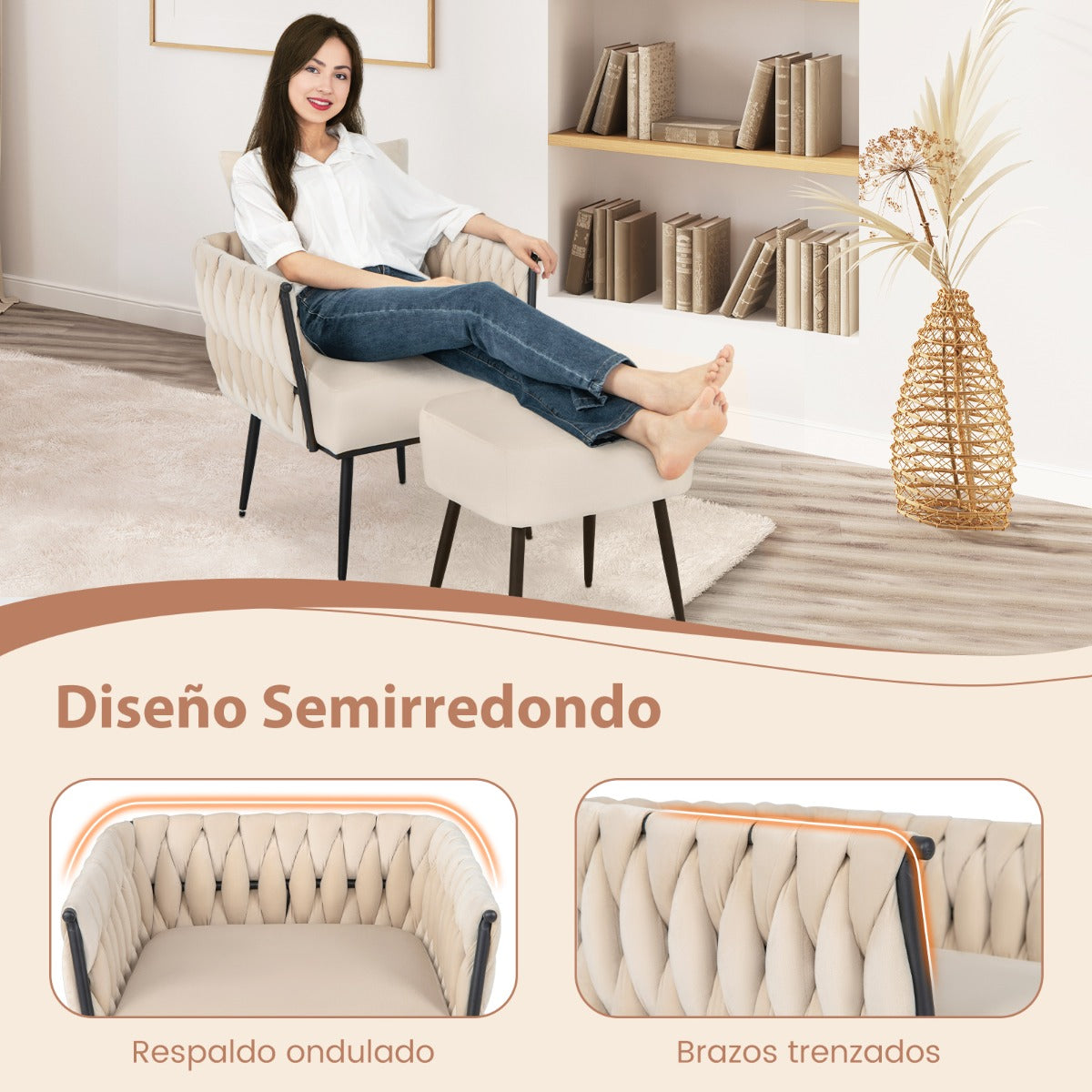 Juego de Sillón Otomana Individual con Respaldo Brazos Tejidos Reposapiés de Metal y Almohadillas Ajustables para Dormitorio Salón Blanco