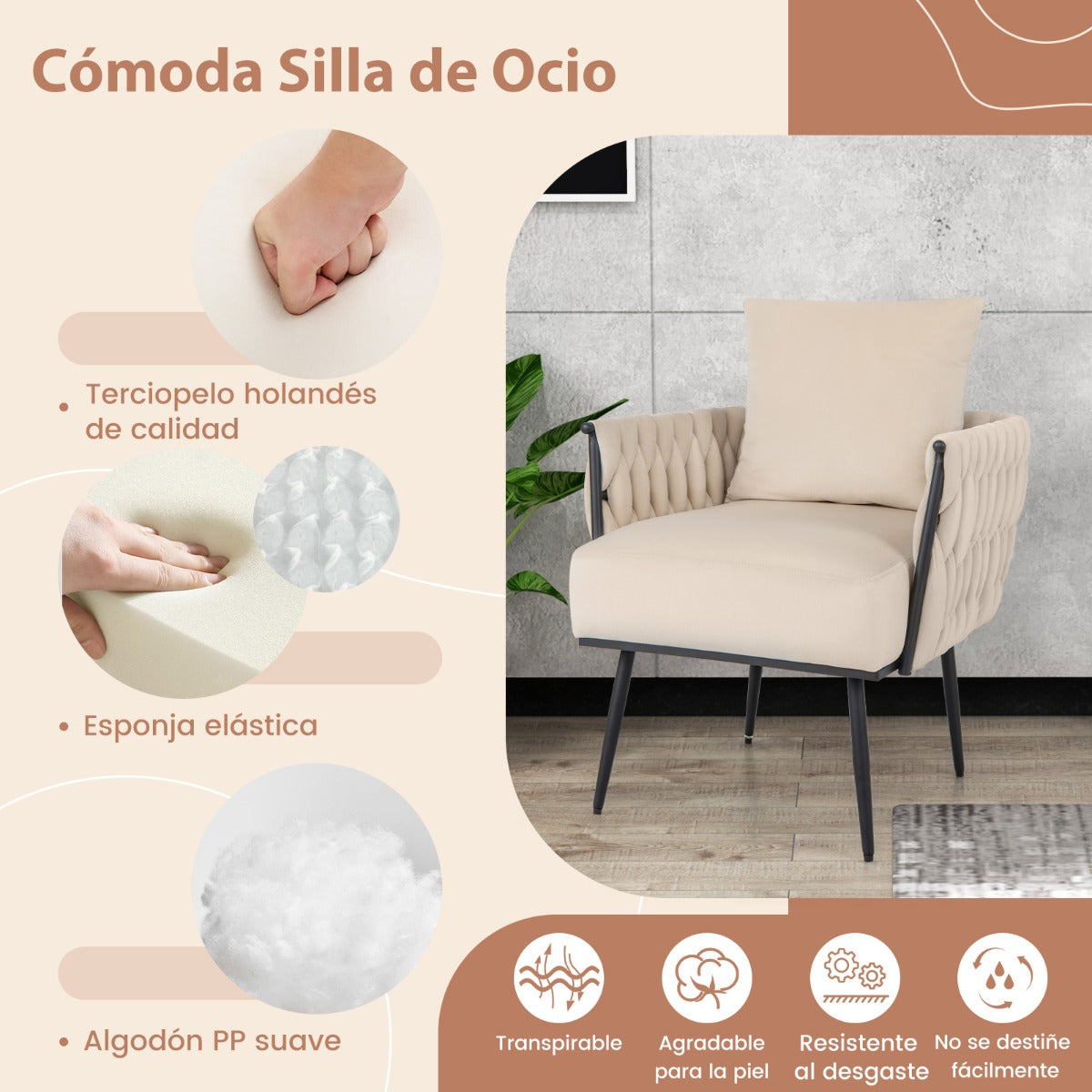 Juego de Sillón Otomana Individual con Respaldo Brazos Tejidos Reposapiés de Metal y Almohadillas Ajustables para Dormitorio Salón Blanco