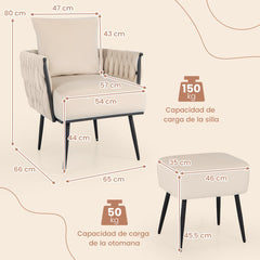 Juego de Sillón Otomana Individual con Respaldo Brazos Tejidos Reposapiés de Metal y Almohadillas Ajustables para Dormitorio Salón Blanco