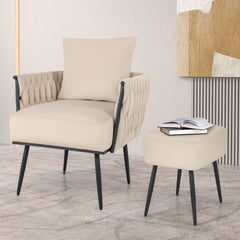 Juego de Sillón Otomana Individual con Respaldo Brazos Tejidos Reposapiés de Metal y Almohadillas Ajustables para Dormitorio Salón Blanco