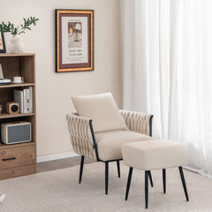 Juego de Sillón Otomana Individual con Respaldo Brazos Tejidos Reposapiés de Metal y Almohadillas Ajustables para Dormitorio Salón Blanco