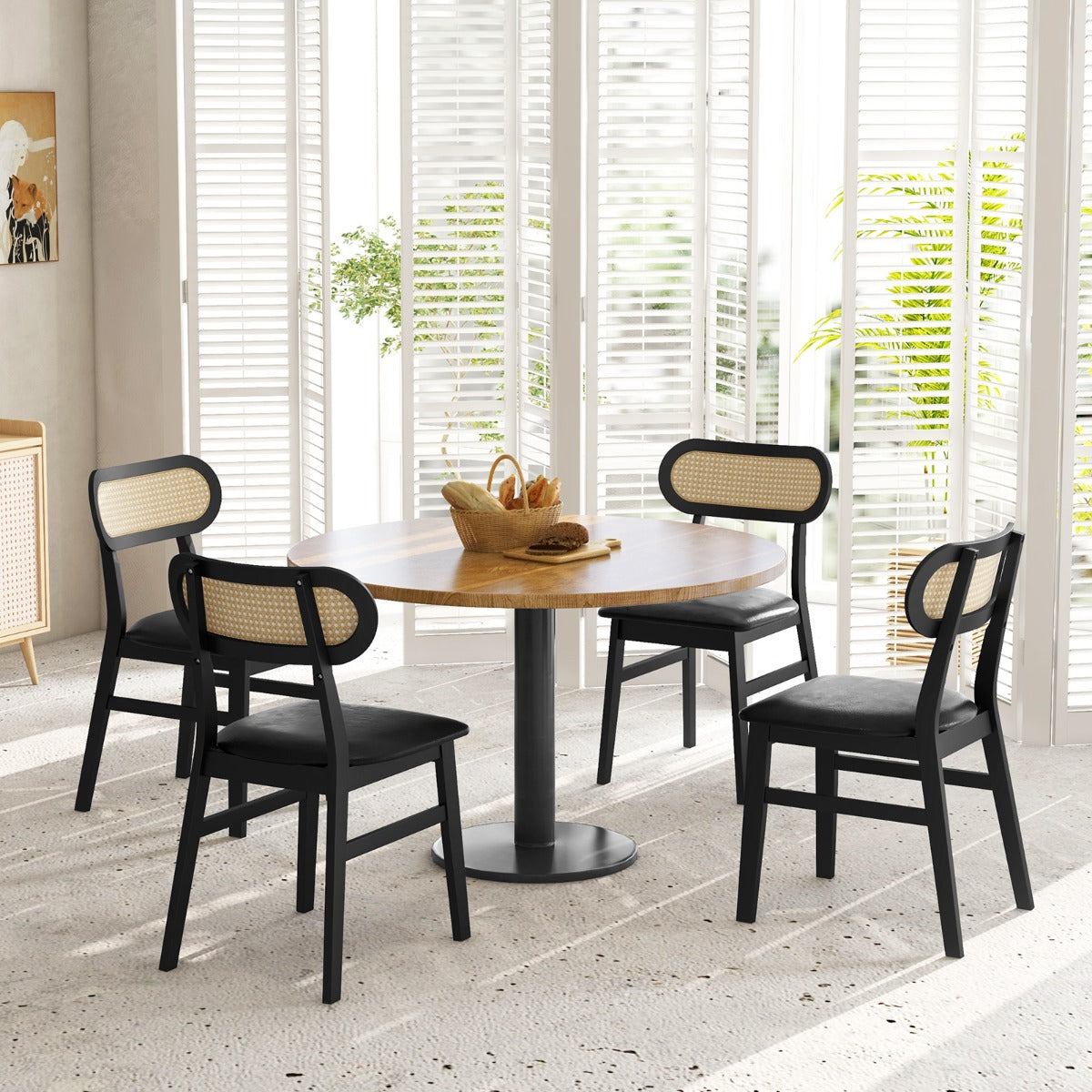 Juego de 2 Sillas de Comedor de Madera de Interior con Asiento Acolchado y Cubierta de Cuero Sintético Respaldo de Ratán para Cocina Negro