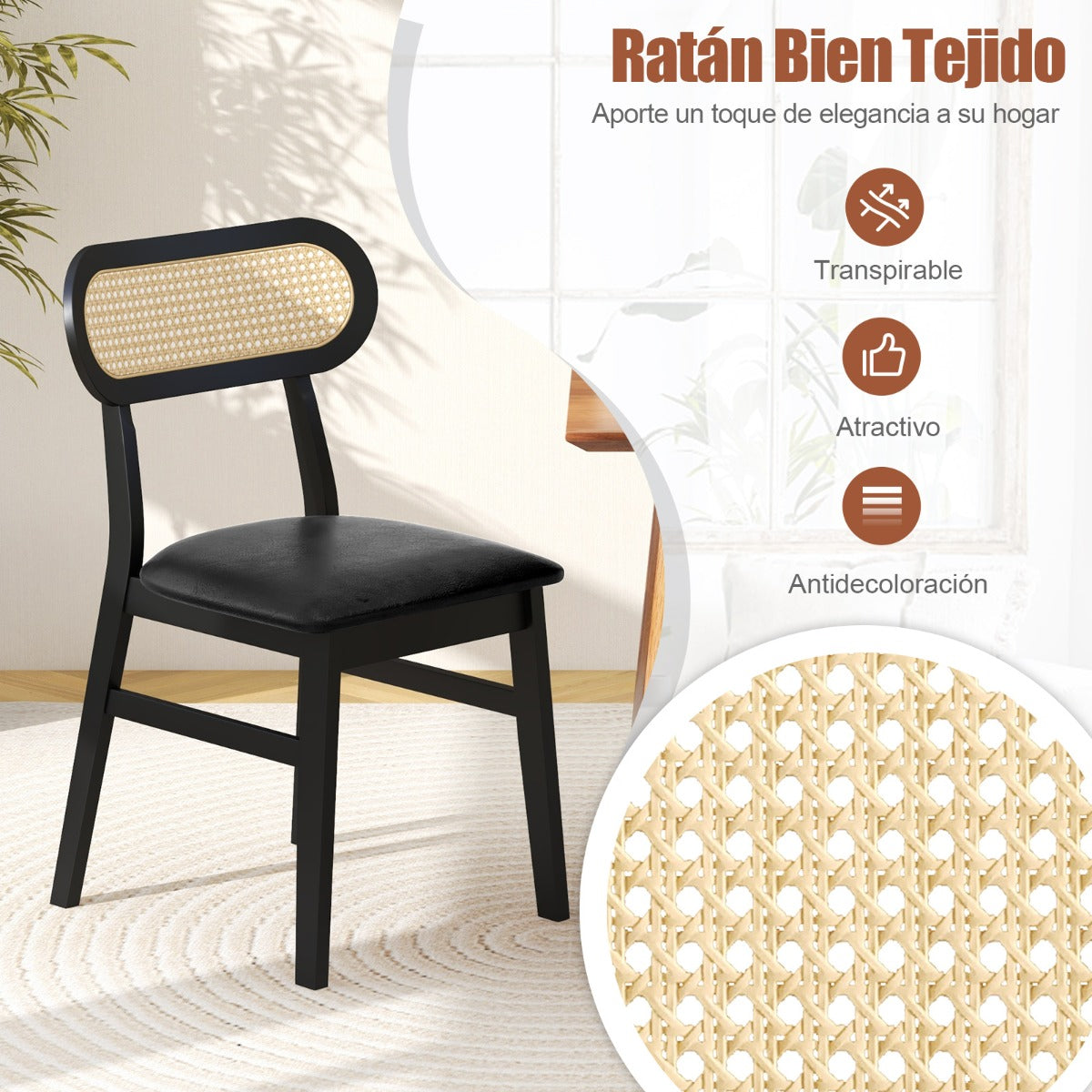 Juego de 2 Sillas de Comedor de Madera de Interior con Asiento Acolchado y Cubierta de Cuero Sintético Respaldo de Ratán para Cocina Negro