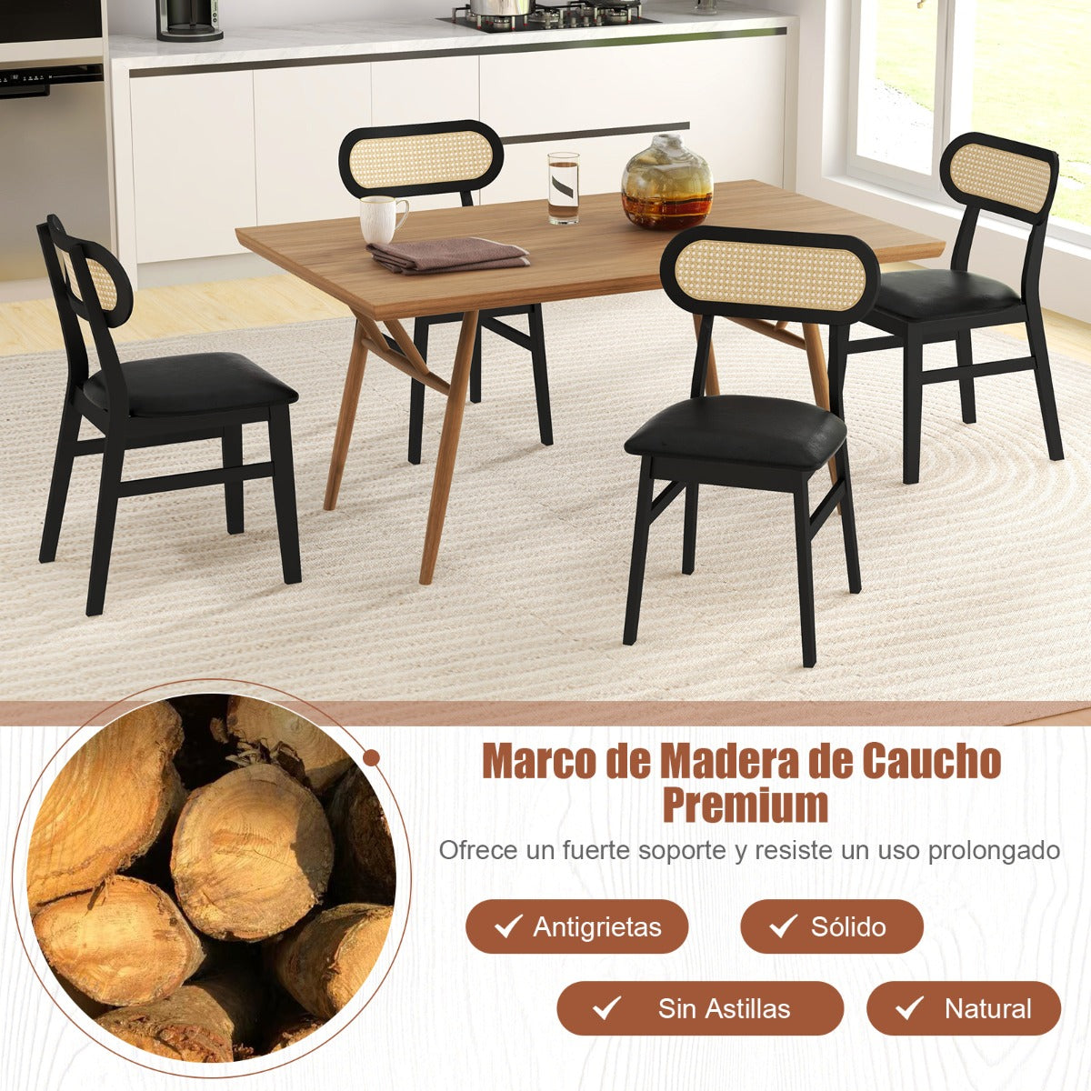 Juego de 2 Sillas de Comedor de Madera de Interior con Asiento Acolchado y Cubierta de Cuero Sintético Respaldo de Ratán para Cocina Negro