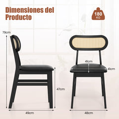 Juego de 2 Sillas de Comedor de Madera de Interior con Asiento Acolchado y Cubierta de Cuero Sintético Respaldo de Ratán para Cocina Negro
