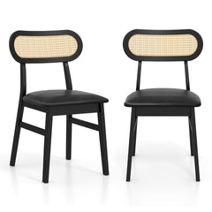 Juego de 2 Sillas de Comedor de Madera de Interior con Asiento Acolchado y Cubierta de Cuero Sintético Respaldo de Ratán para Cocina Negro