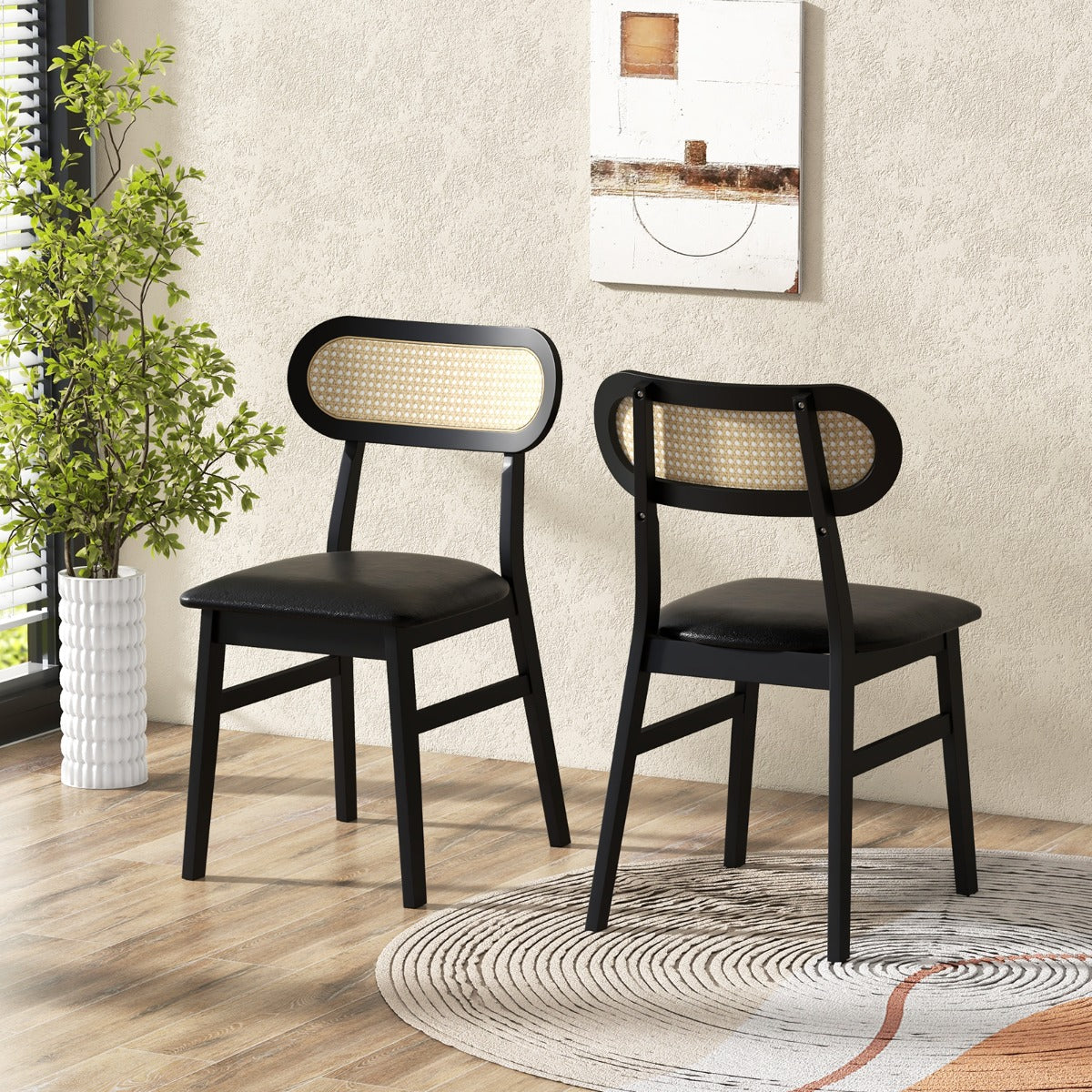 Juego de 2 Sillas de Comedor de Madera de Interior con Asiento Acolchado y Cubierta de Cuero Sintético Respaldo de Ratán para Cocina Negro