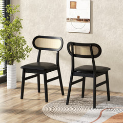 Juego de 2 Sillas de Comedor de Madera de Interior con Asiento Acolchado y Cubierta de Cuero Sintético Respaldo de Ratán para Cocina Negro