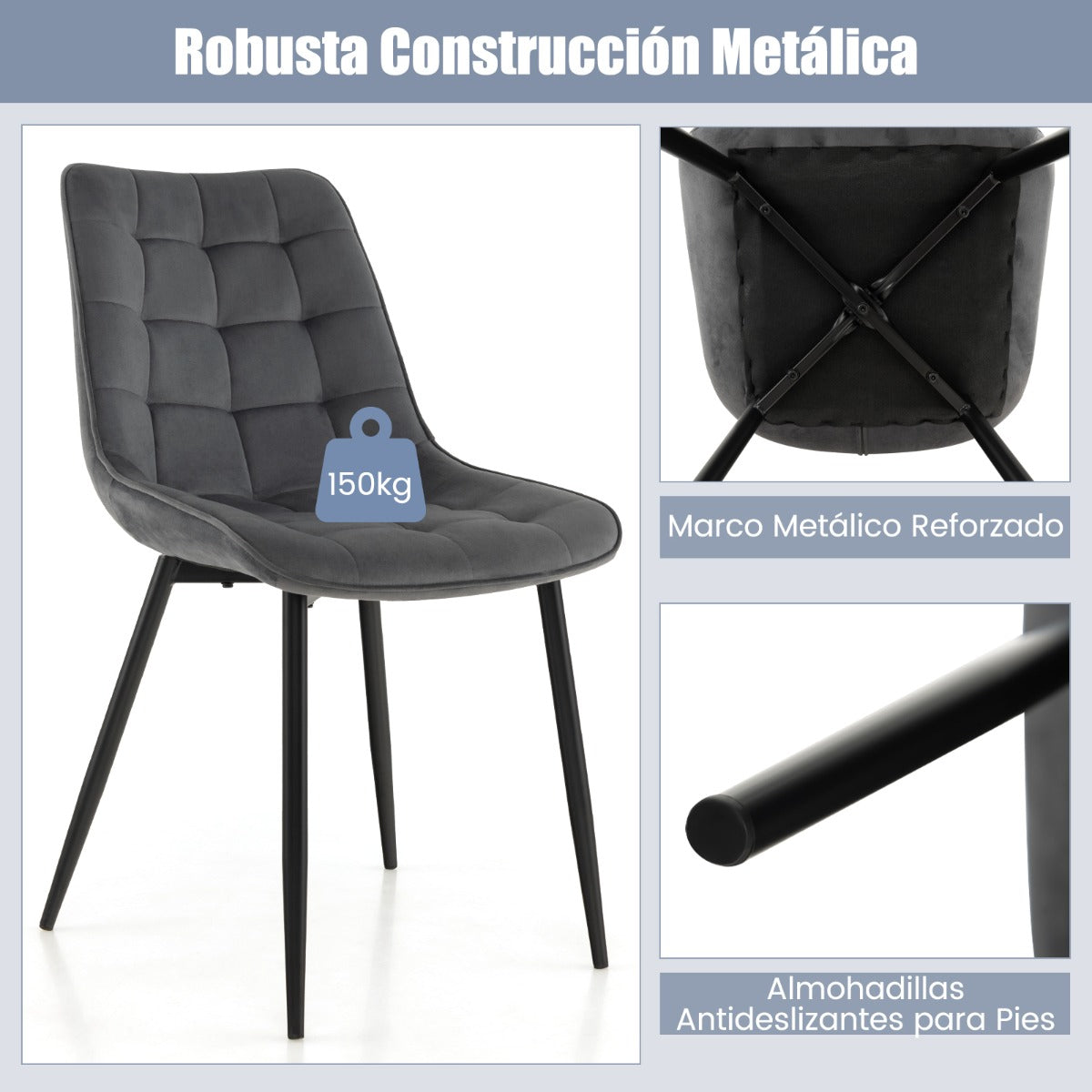 Juego de 2 Sillas de Comedor de Terciopelo con Respaldos Patas de Metal y Almohadillas Antideslizantes para Cocina 59 x 47 x 83 cm Gris