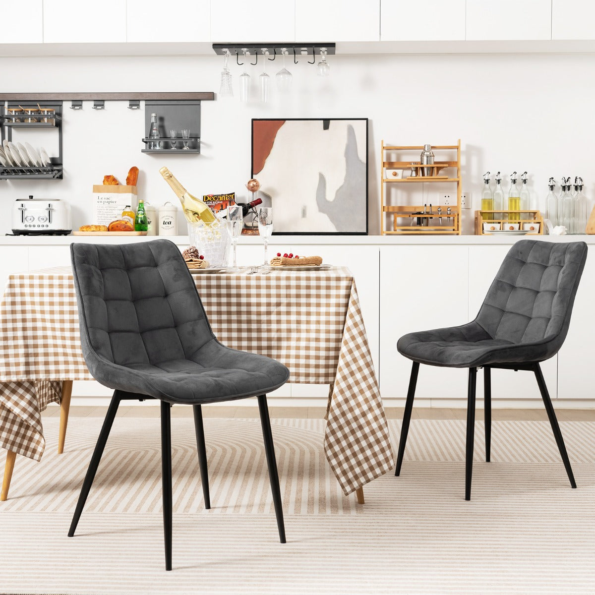 Juego de 2 Sillas de Comedor de Terciopelo con Respaldos Patas de Metal y Almohadillas Antideslizantes para Cocina 59 x 47 x 83 cm Gris