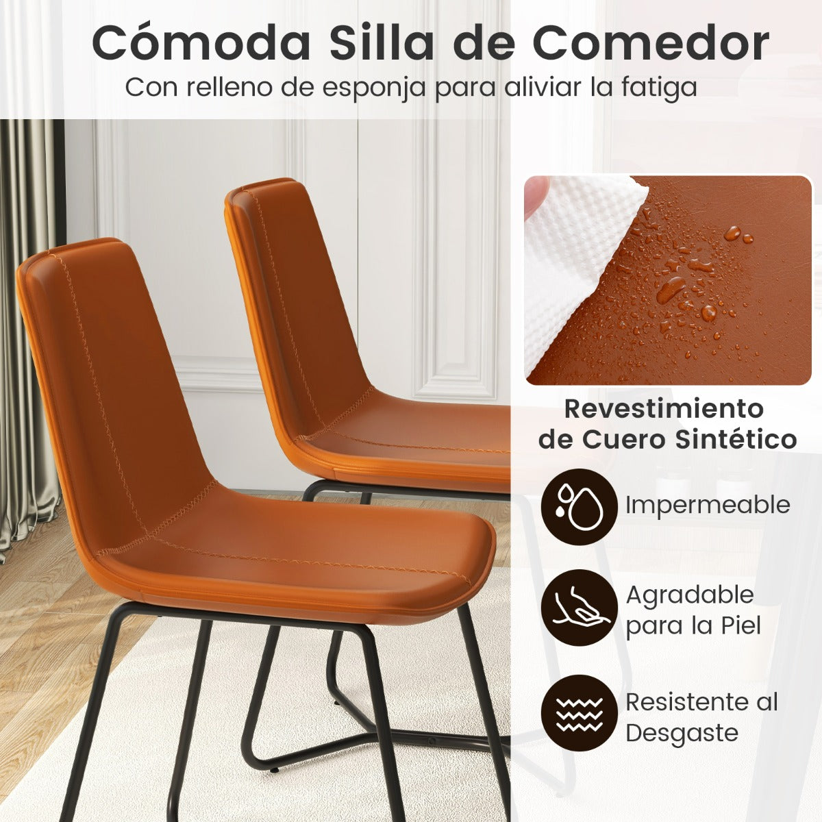 2 Sillas de Comedor con Revestimiento de Cuero Sintético y Patas de Metal Costuras Vintage 57 x 48 x 83 cm Marrón