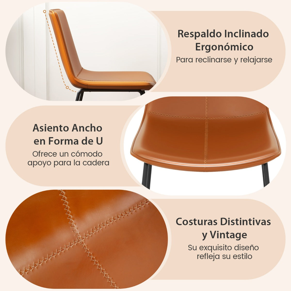2 Sillas de Comedor con Revestimiento de Cuero Sintético y Patas de Metal Costuras Vintage 57 x 48 x 83 cm Marrón