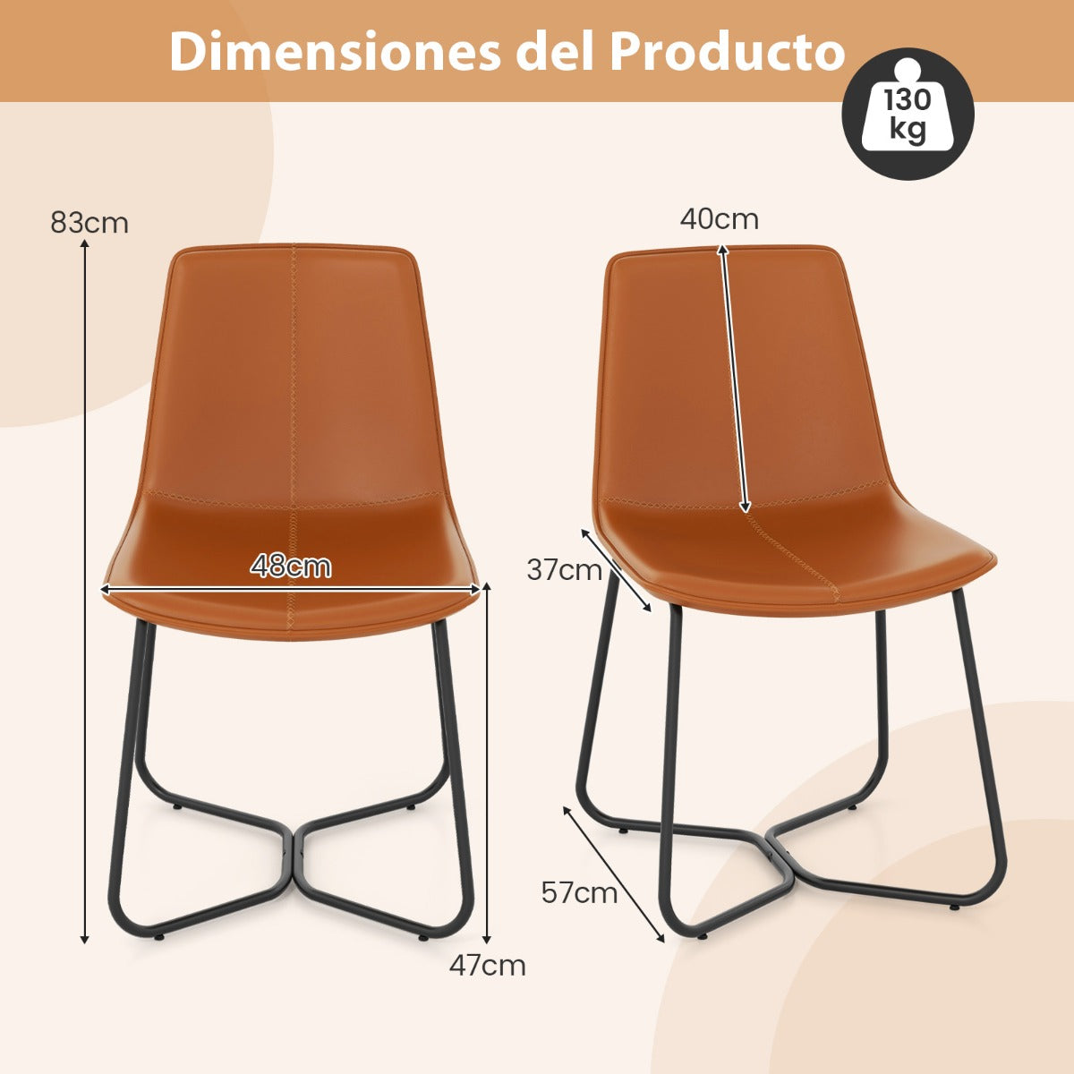 2 Sillas de Comedor con Revestimiento de Cuero Sintético y Patas de Metal Costuras Vintage 57 x 48 x 83 cm Marrón