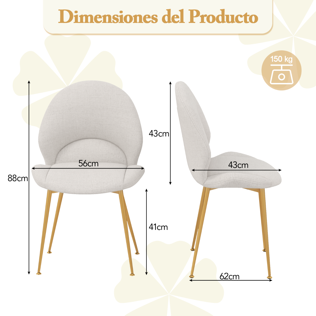 Juego de 2 Sillas de Comedor Silla Tapizada con Respaldo Curvado Asiento Ancho sin Brazos para Sala de Estar Comedor Carga de 150 kg Gris