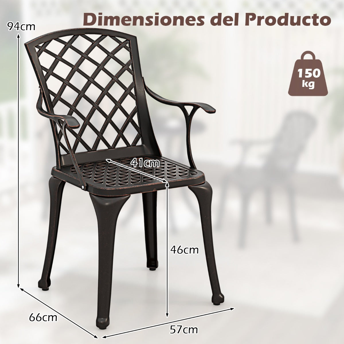 Juego de 2 Sillas de Comedor de Aluminio Fundido Sillas de Patio con Asiento Ergonómico Curvado y Patas Ajustables para Jardín Balcón Bronce