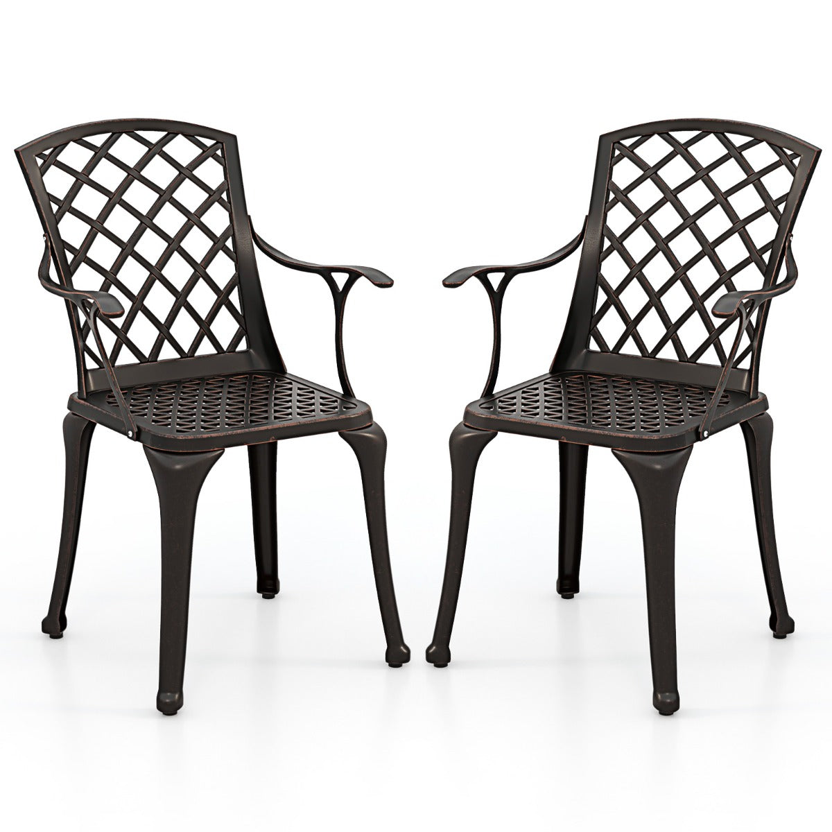 Juego de 2 Sillas de Comedor de Aluminio Fundido Sillas de Patio con Asiento Ergonómico Curvado y Patas Ajustables para Jardín Balcón Bronce