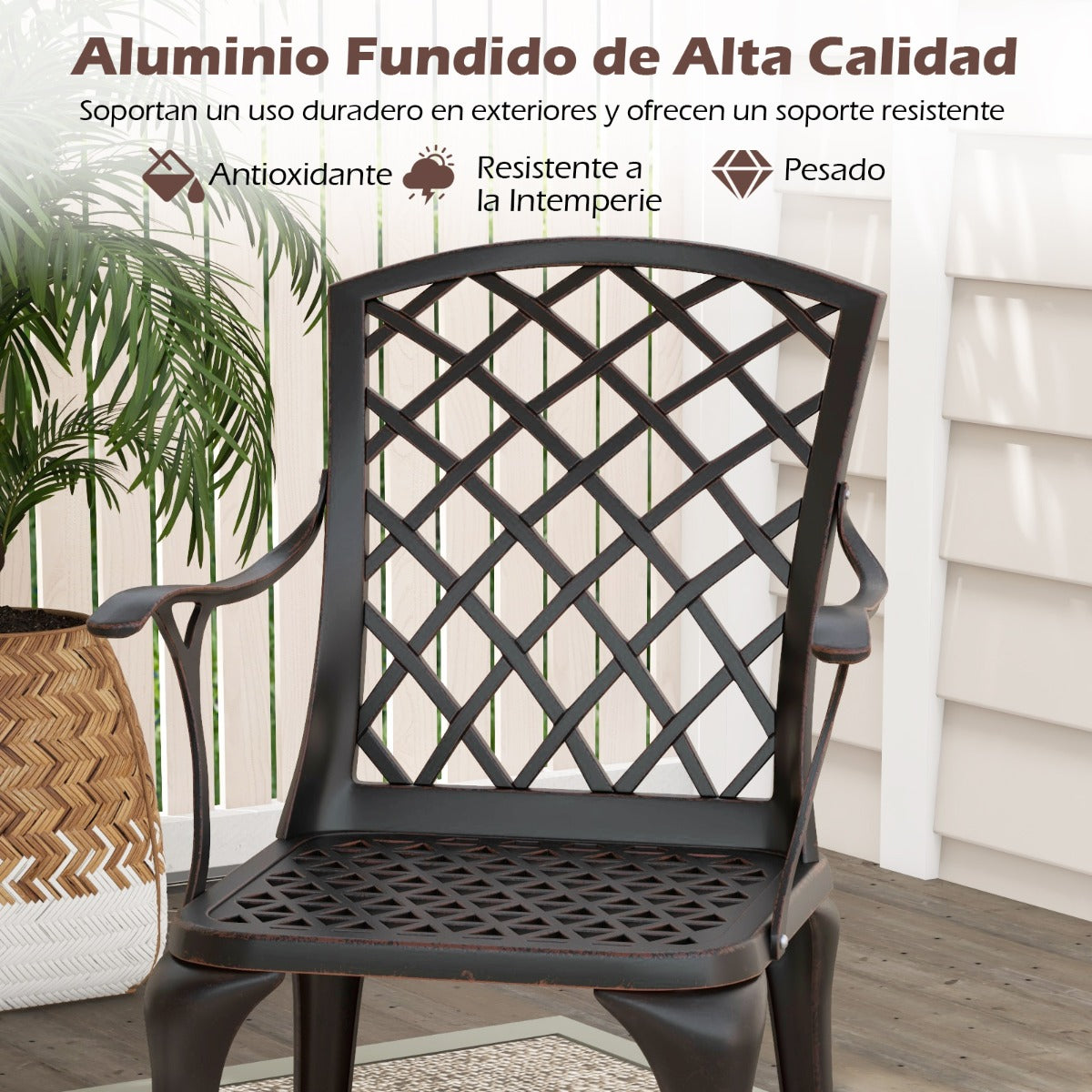 Juego de 2 Sillas de Comedor de Aluminio Fundido Sillas de Patio con Asiento Ergonómico Curvado y Patas Ajustables para Jardín Balcón Bronce