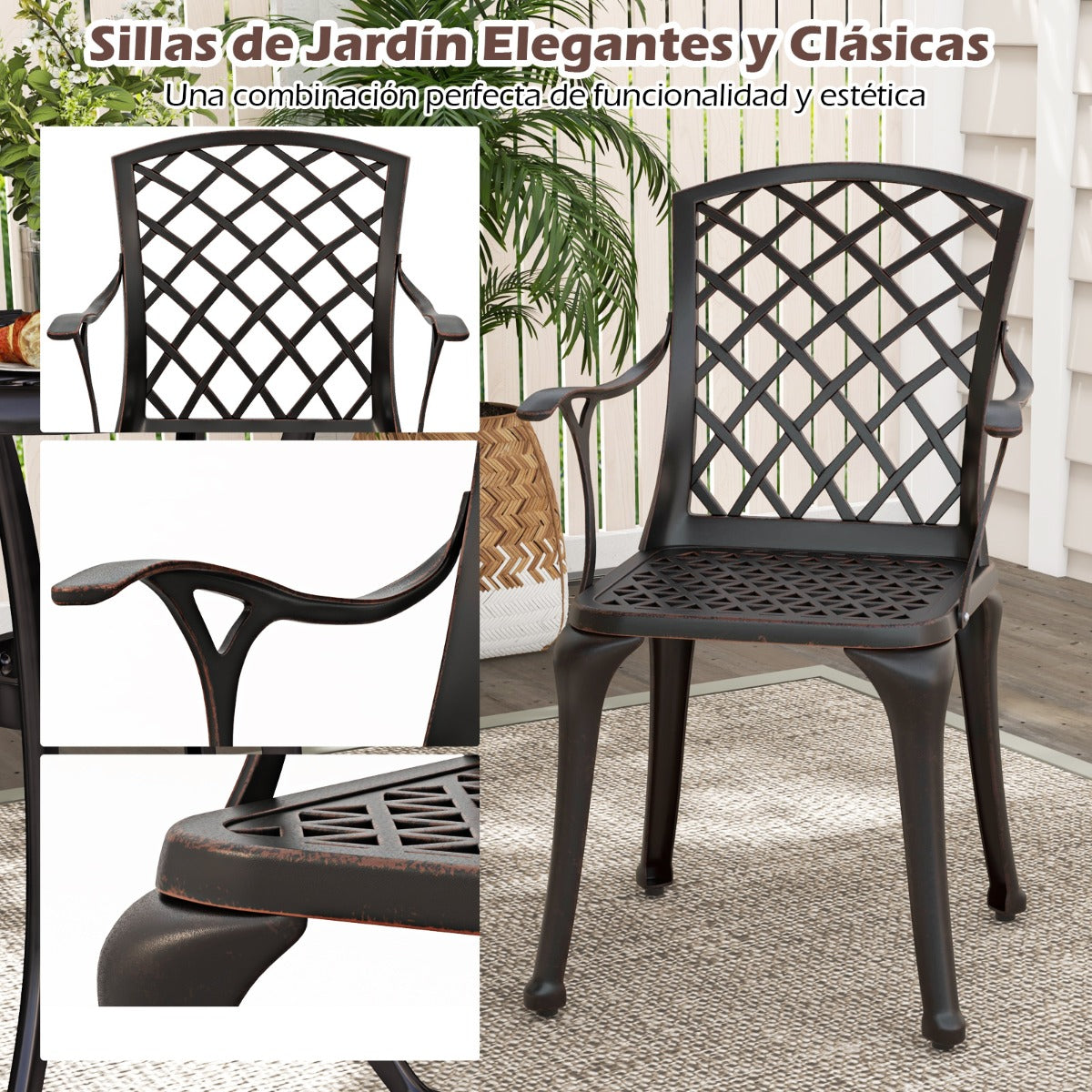 Juego de 2 Sillas de Comedor de Aluminio Fundido Sillas de Patio con Asiento Ergonómico Curvado y Patas Ajustables para Jardín Balcón Bronce