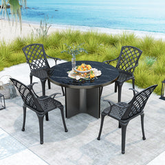 Juego de 2 Sillas de Comedor de Aluminio Fundido Sillas de Patio con Asiento Ergonómico Curvado y Patas Ajustables para Jardín Balcón Negro