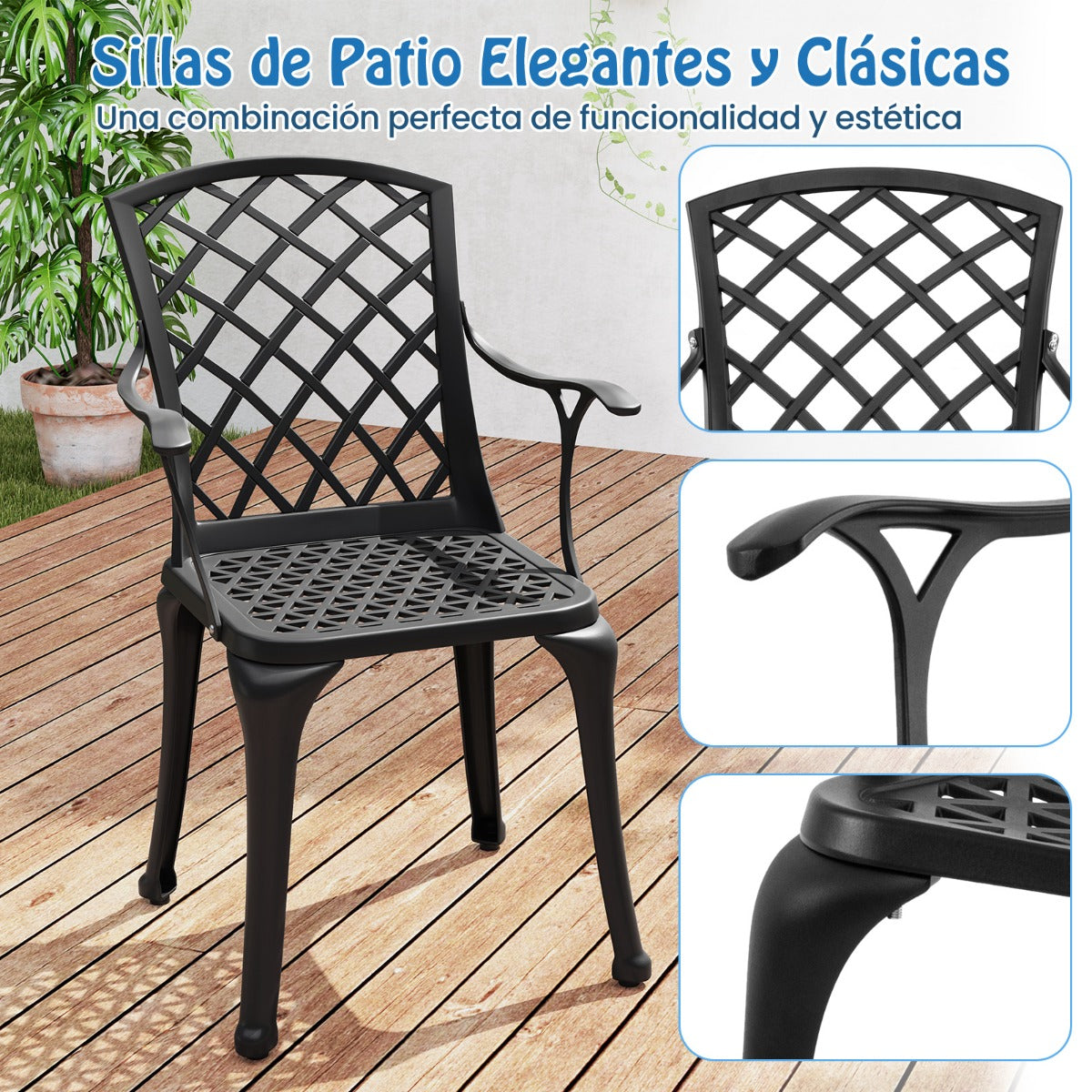 Juego de 2 Sillas de Comedor de Aluminio Fundido Sillas de Patio con Asiento Ergonómico Curvado y Patas Ajustables para Jardín Balcón Negro