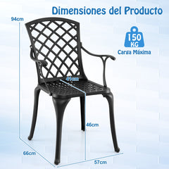 Juego de 2 Sillas de Comedor de Aluminio Fundido Sillas de Patio con Asiento Ergonómico Curvado y Patas Ajustables para Jardín Balcón Negro