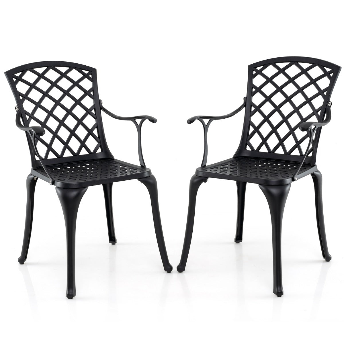 Juego de 2 Sillas de Comedor de Aluminio Fundido Sillas de Patio con Asiento Ergonómico Curvado y Patas Ajustables para Jardín Balcón Negro